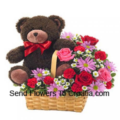 Assorted Flower Basket with 14 Inch Teddy