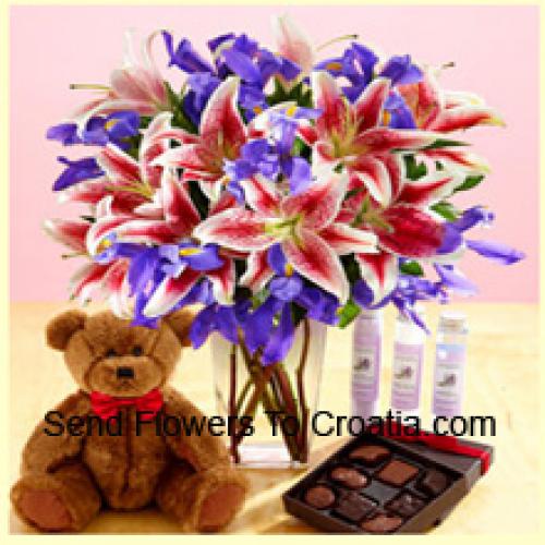 Lilies and Assorted Flowers with Teddy and Chocolates