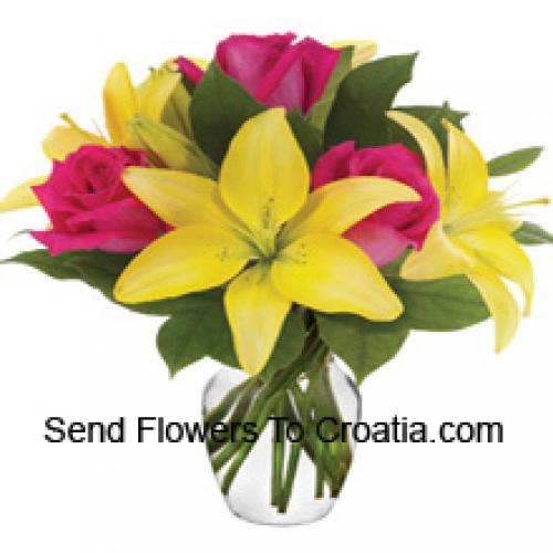 Pink Roses and Yellow Lilies in Vase