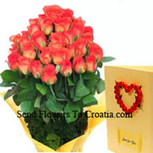 Strauß von 31 orangefarbenen Rosen mit einer kostenlosen Liebesgrußkarte