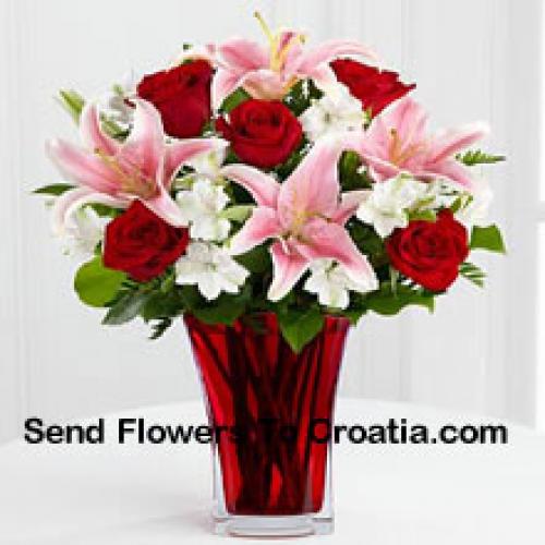 Red Roses with Pink Lilies in Vase