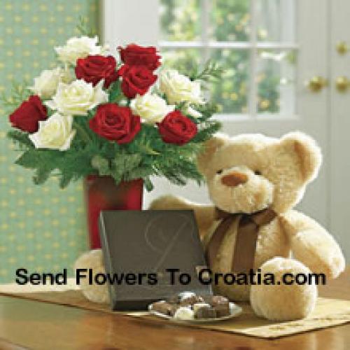 Red and White Roses with Teddy and Chocolates